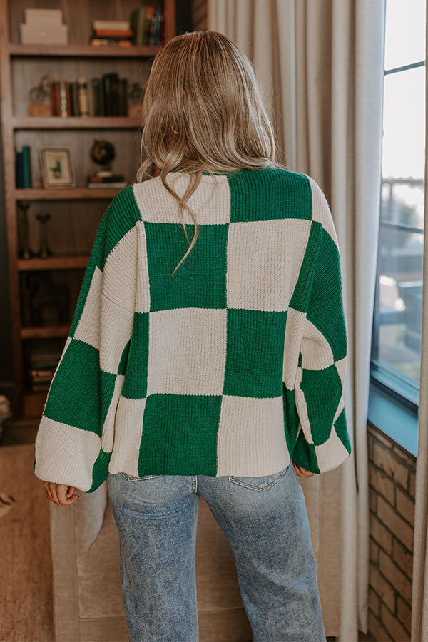 Premium Checkered Knit Sweater - Hunter Green & Ivory