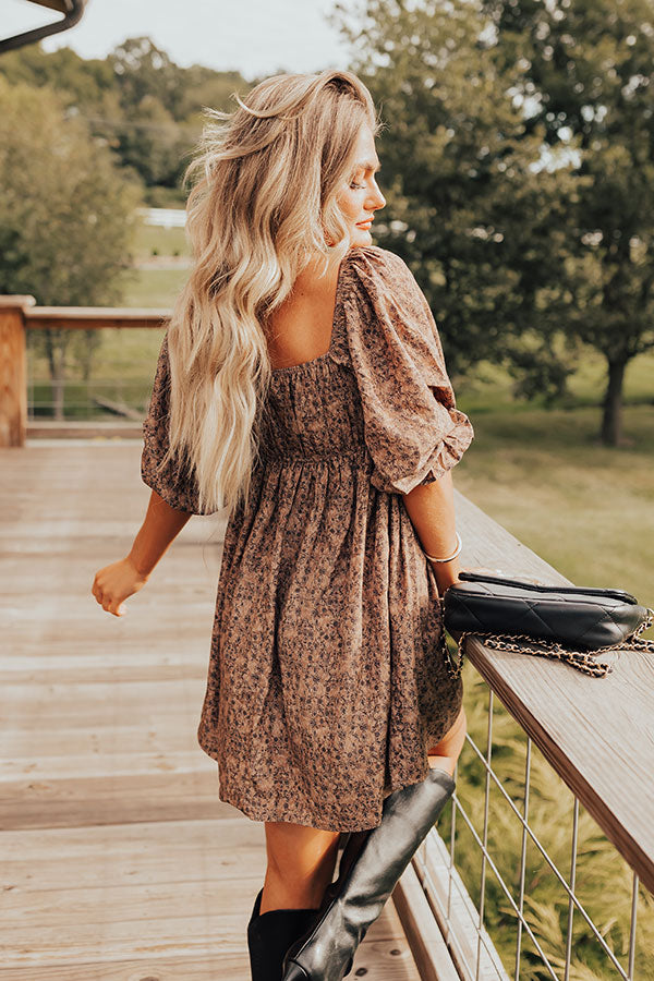 Premium Floral Mini Dress - Mocha Elegance