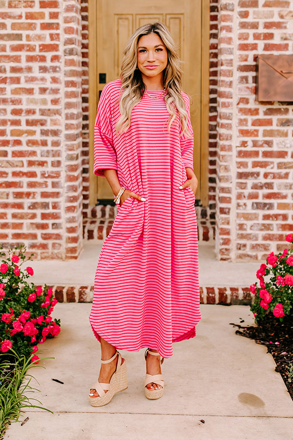 Premium Beach Day Terry Cloth Maxi Dress - Pink Stripes