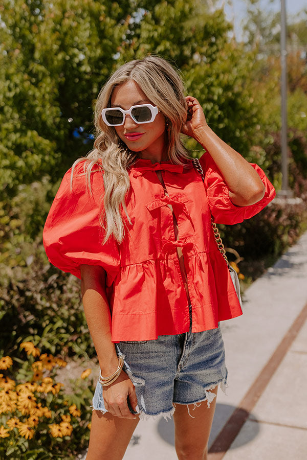 Premium Flirty Front Tie Peplum Top - Vibrant Red