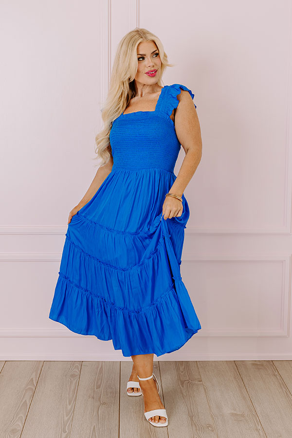 Premium Napa Valley Smocked Midi Dress - Royal Blue Elegance