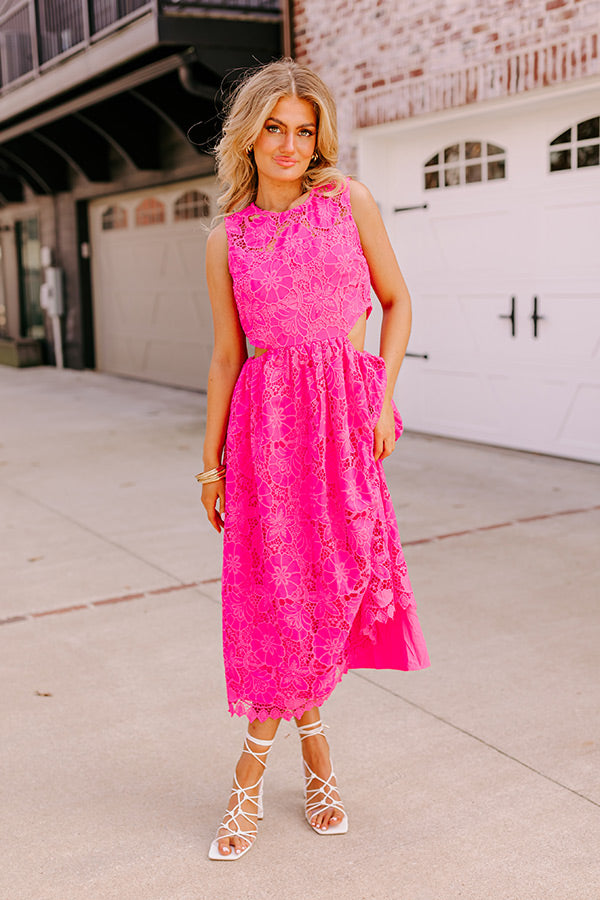 Ultimate Elegance Lace Cut Out Midi Dress - Hot Pink