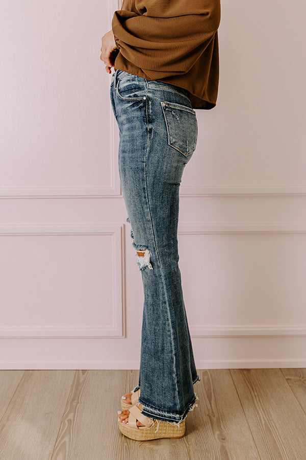 Premium High Waist Distressed Flare Jeans - Dark Wash