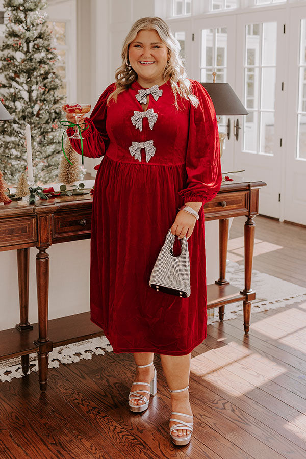 Premium Velvet Midi Dress with Rhinestone Bows - Crimson Curves