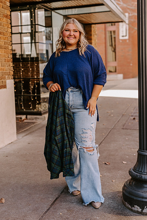 Premium Waffle Knit V-Neck Top for Women - Navy Curves