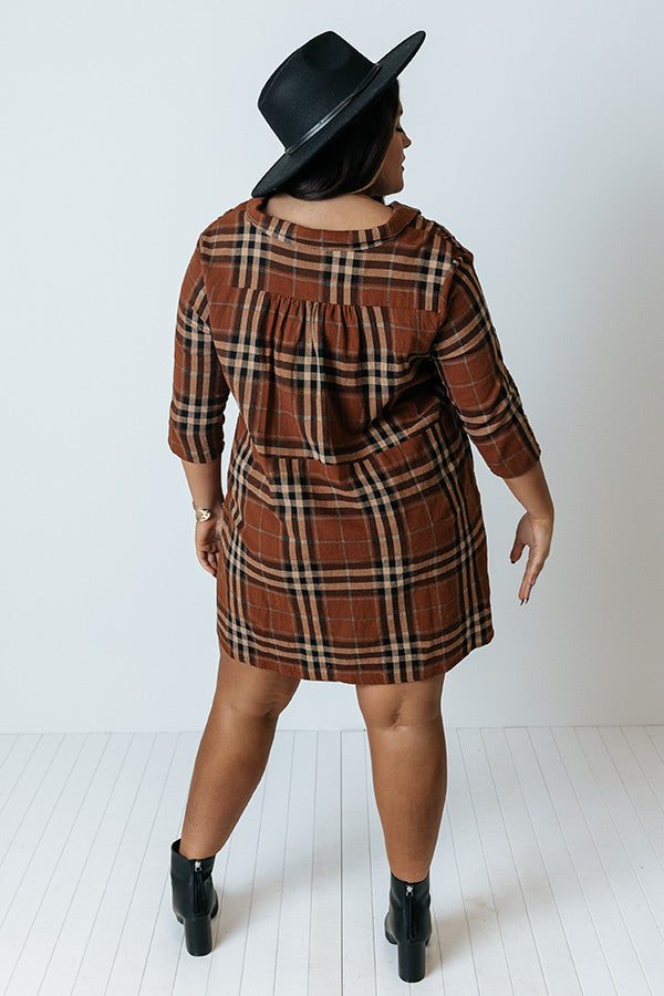 Premium Plaid Tunic Dress - Dark Camel Elegance for Curves