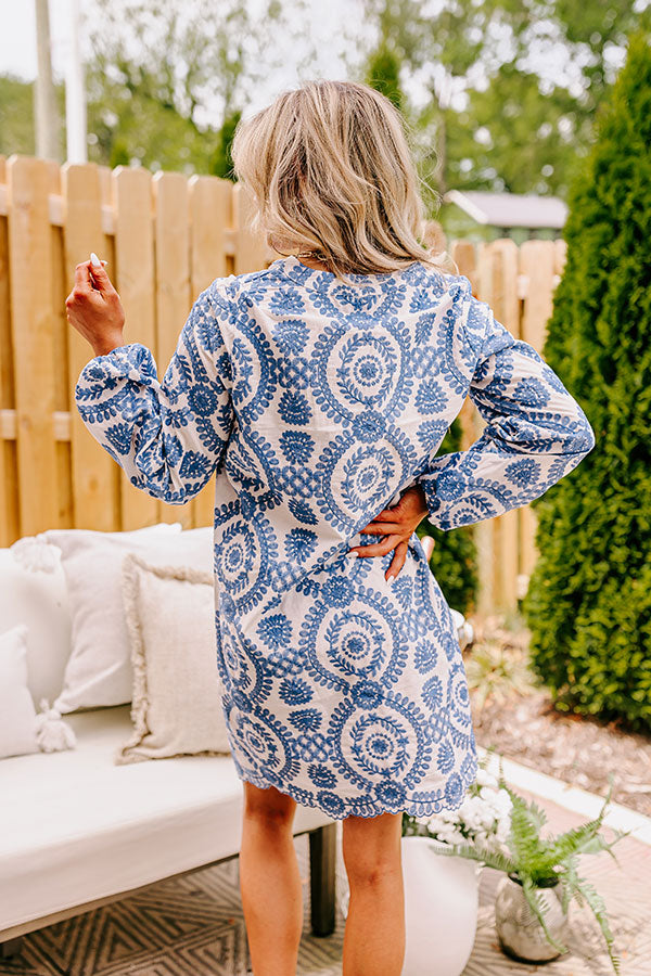 Premium Embroidered Tunic Dress - Blue Floral Elegance