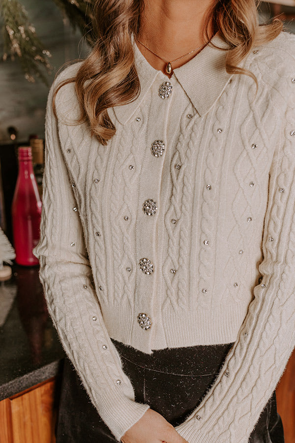 Premium Kind Smile Rhinestone Cable Knit Cardigan - Cream