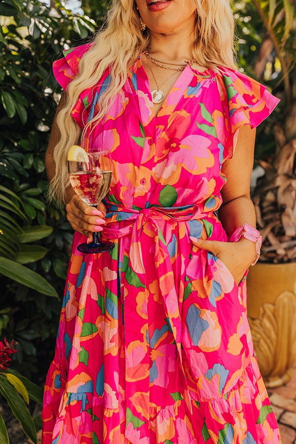 Premium French Riviera Floral Midi Dress - Hot Pink Curves