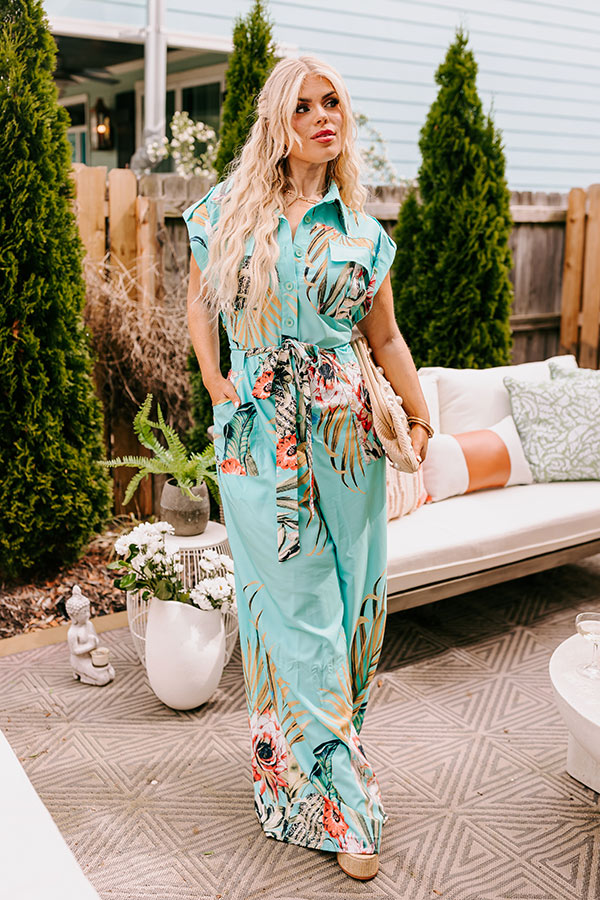 Premium Tropical Tour Jumpsuit | Vibrant Aqua Curves Style