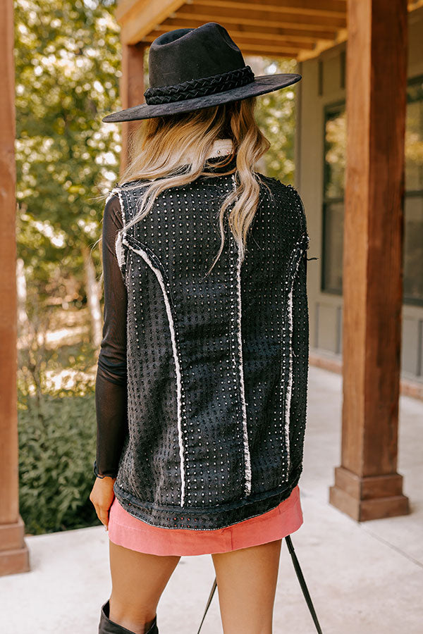 Premium Black Pearl Embellished Denim Vest by Denver Dreams