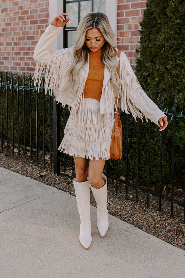 Premium Boho Chic Fringe Skirt - Cream Faux Suede