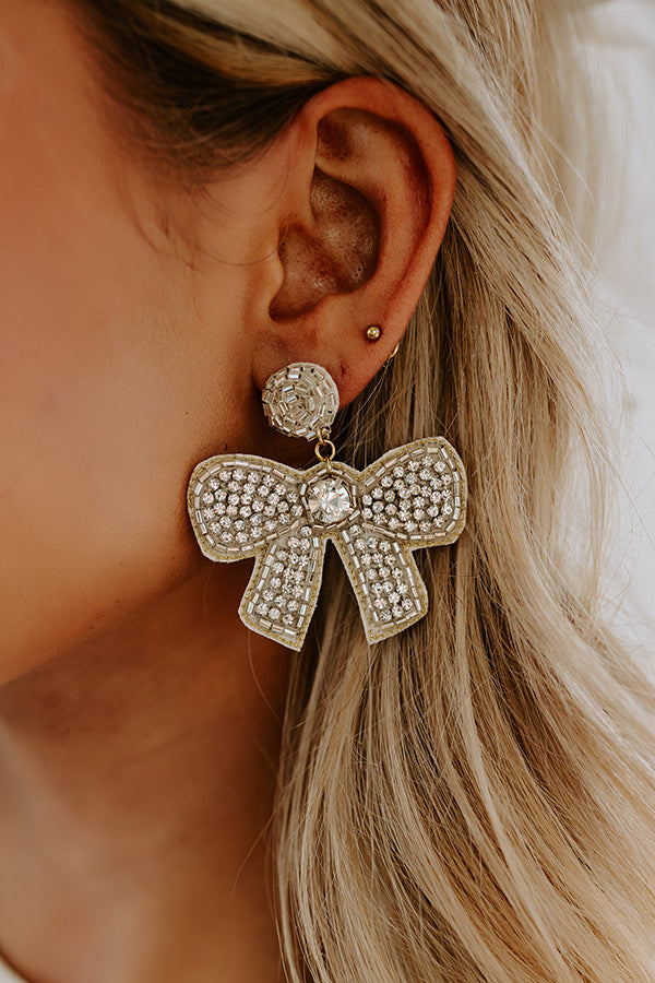 Premium Bows And Kisses Rhinestone Beaded Earrings - Silver