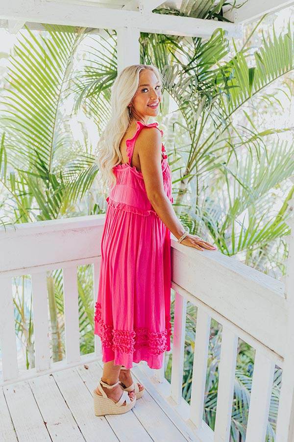 Ultimate Bayside Bliss Ruffle Midi Dress - Hot Pink