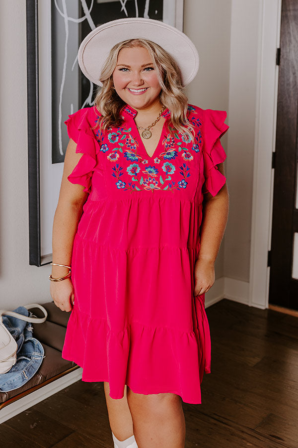 Premium Hidden Bungalow Embroidered Dress - Hot Pink Curves