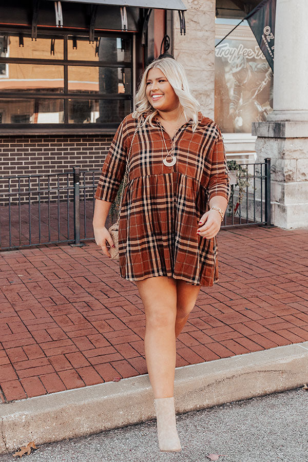 Premium Plaid Tunic Dress - Dark Camel Elegance for Curves