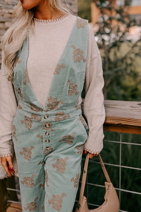 Premium Mint Corduroy Jumpsuit with Embroidered Detail