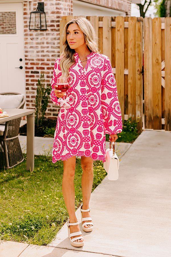 Premium Embroidered Tunic Dress - Hot Pink Floral Design