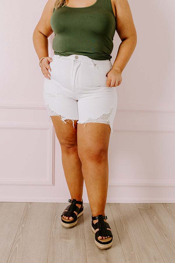 Premium High Waist Distressed Denim Shorts - Risen 'Mel' White Curves Collection