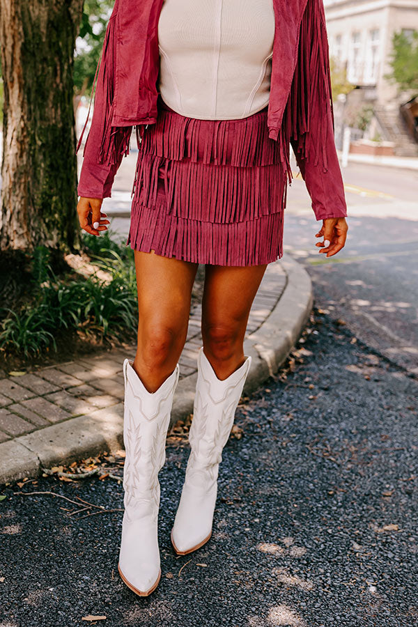 Premium Boho Fringe Skirt - Maroon Faux Suede