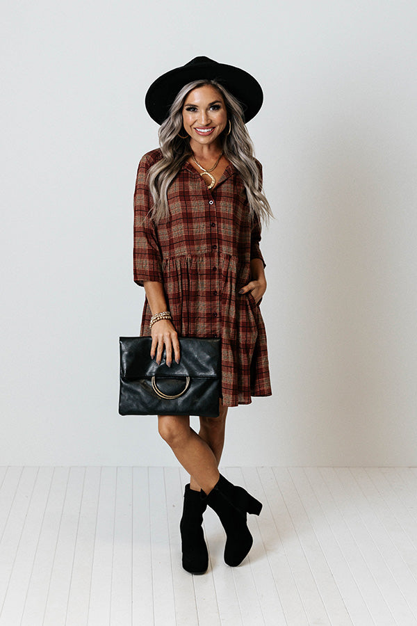 Premium Cherry Mood Plaid Tunic Dress - Wine Red Elegance