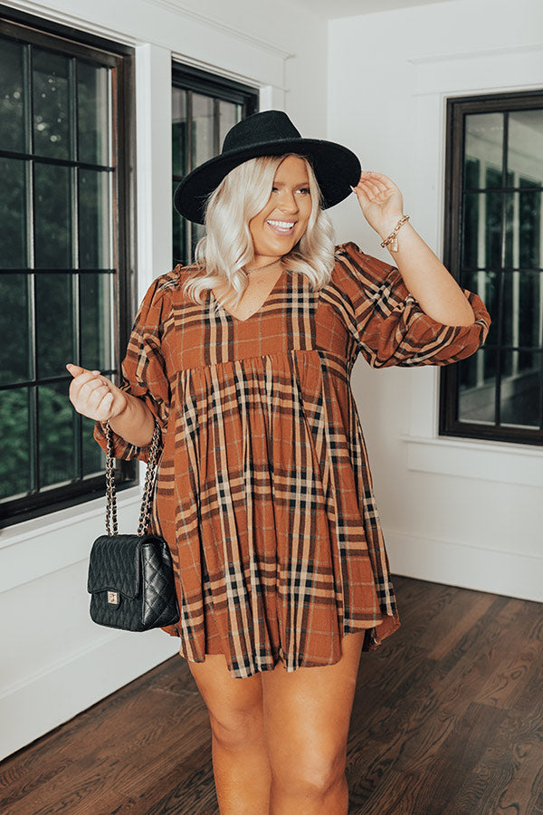 Premium Plus Size Plaid Babydoll Dress - Camel Curves Collection