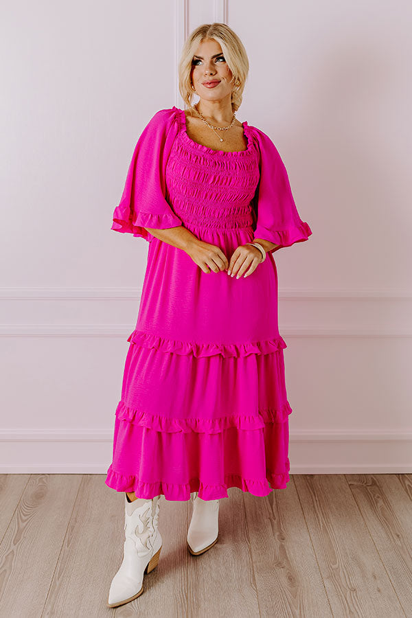 Ultimate Beach Elegance: Smocked Midi Dress in Hot Pink