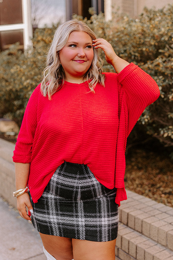 Premium Waffle Knit V-Neck Top - Game Day Essential in Red Curves