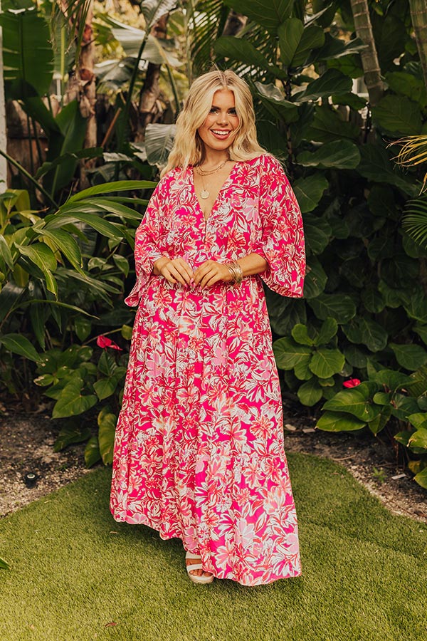 Premium Blossom Breeze Floral Maxi Dress - Hot Pink Curves