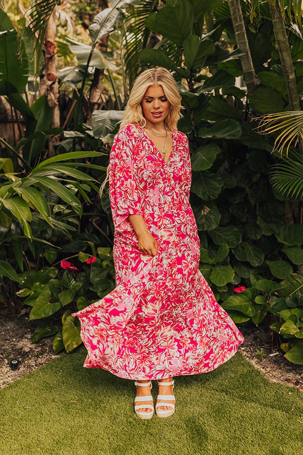 Premium Blossom Breeze Floral Maxi Dress - Hot Pink Curves