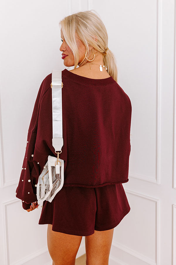 Premium Pearl Embellished Crop Sweatshirt - Maroon | Sideline Chic Collection