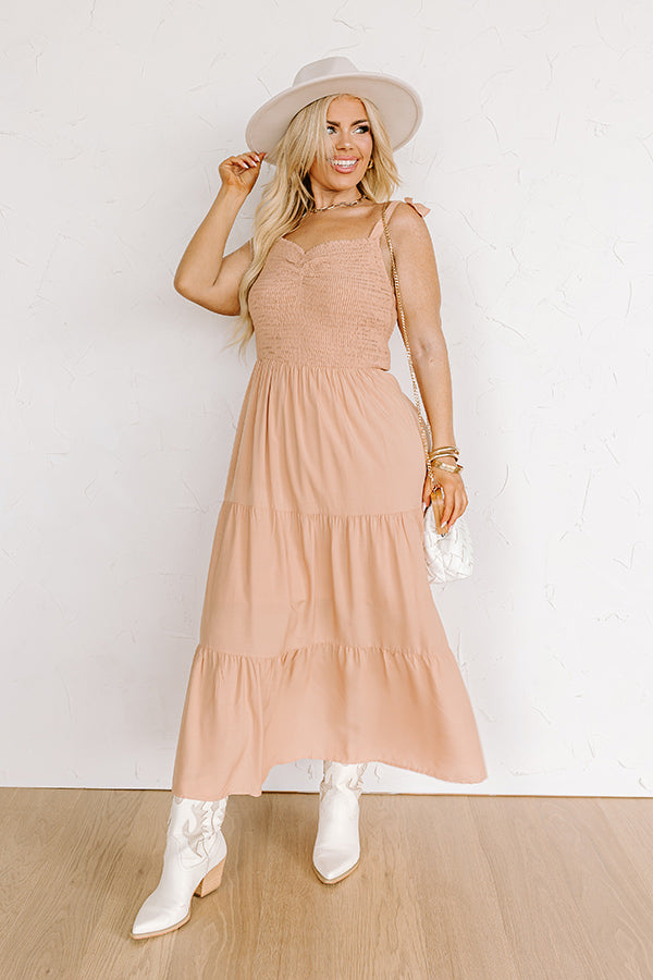 Premium Tucson Stroll Smocked Midi Dress in Iced Mocha Curves