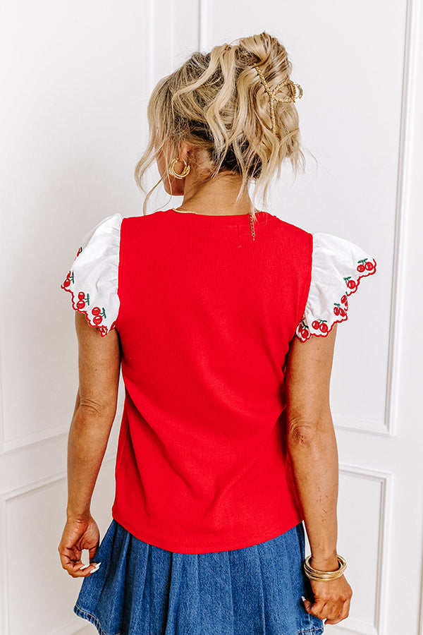 Premium Cherry Embroidered Flutter Sleeve Top