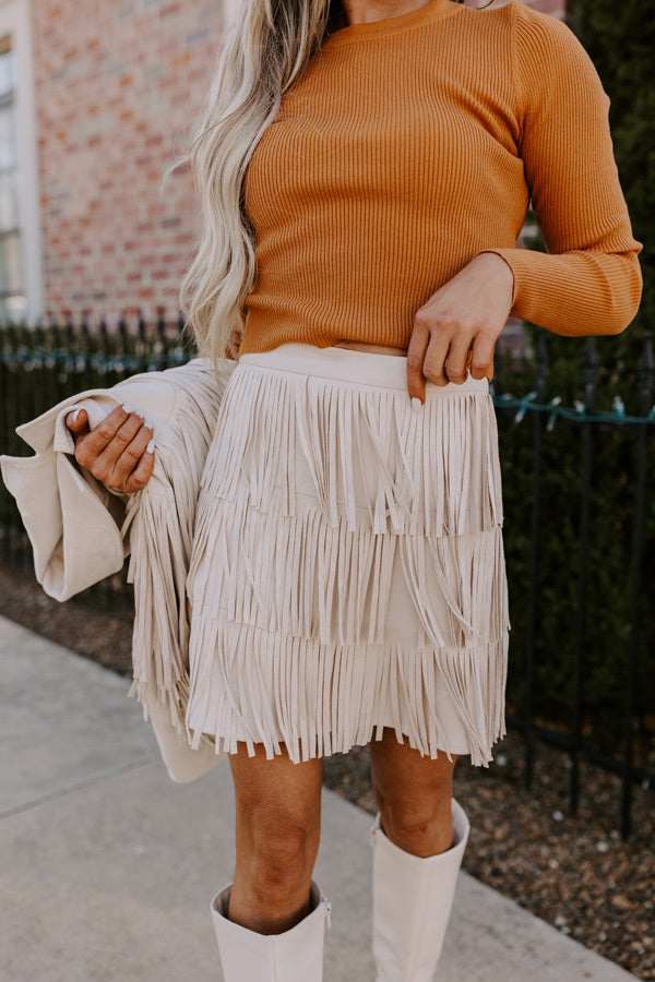 Premium Boho Chic Fringe Skirt - Cream Faux Suede