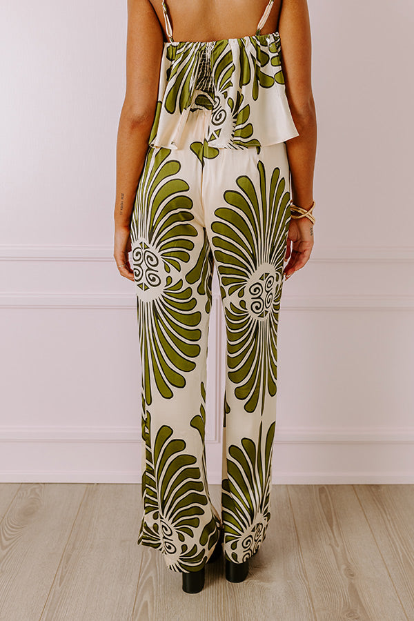 Premium Hawaiian Paradise Satin High Waist Pants - Olive
