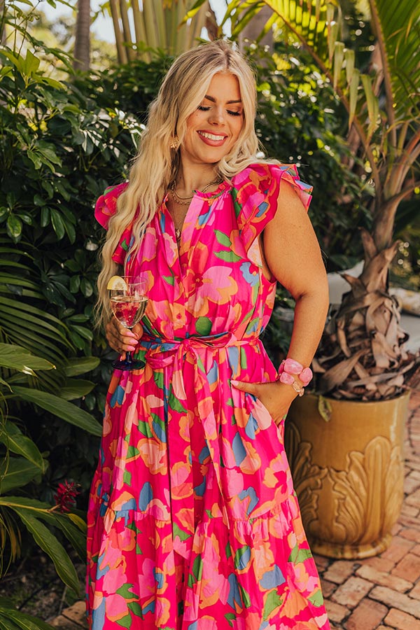 Premium French Riviera Floral Midi Dress - Hot Pink Curves