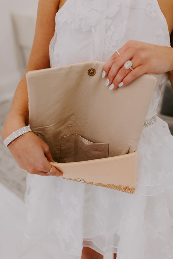 Premium Embellished 'Mrs' Clutch - Luxe Peach & Gold Chain