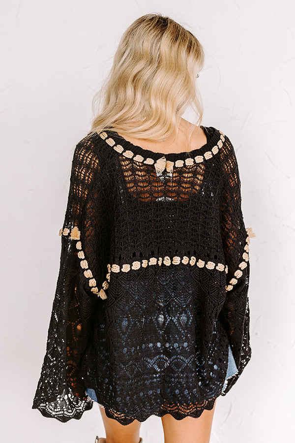 Premium Boho-Chic Pointelle Knit Cardigan in Black