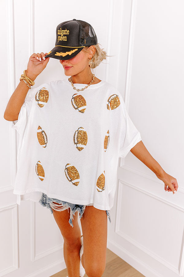 Premium Football Season Sequin Oversized Tee - Ivory