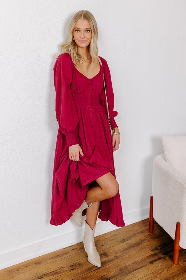 Premium Sunset Views Button Down Midi Dress in Wine