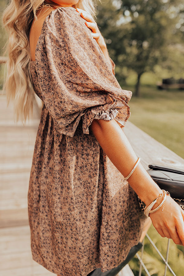 Premium Floral Mini Dress - Mocha Elegance