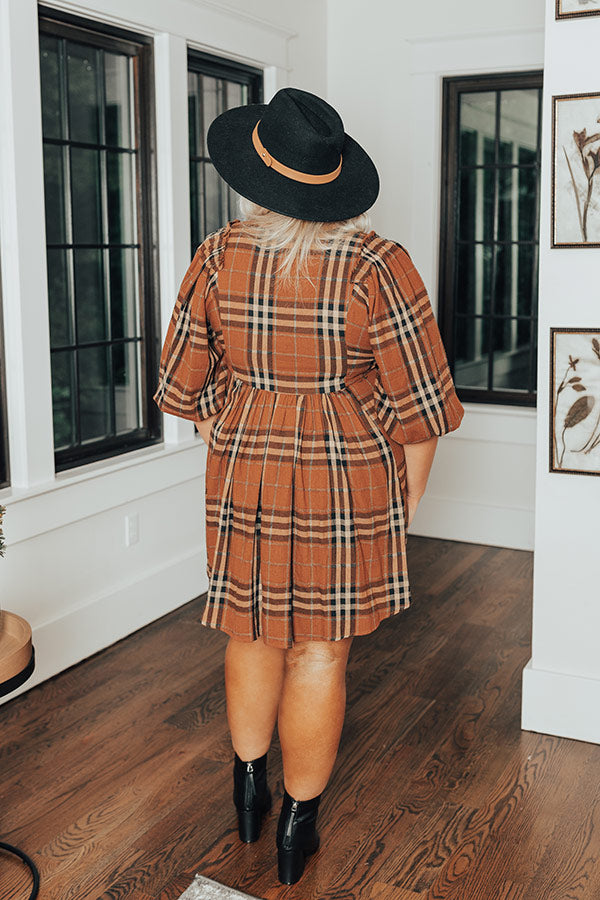 Premium Plus Size Plaid Babydoll Dress - Camel Curves Collection