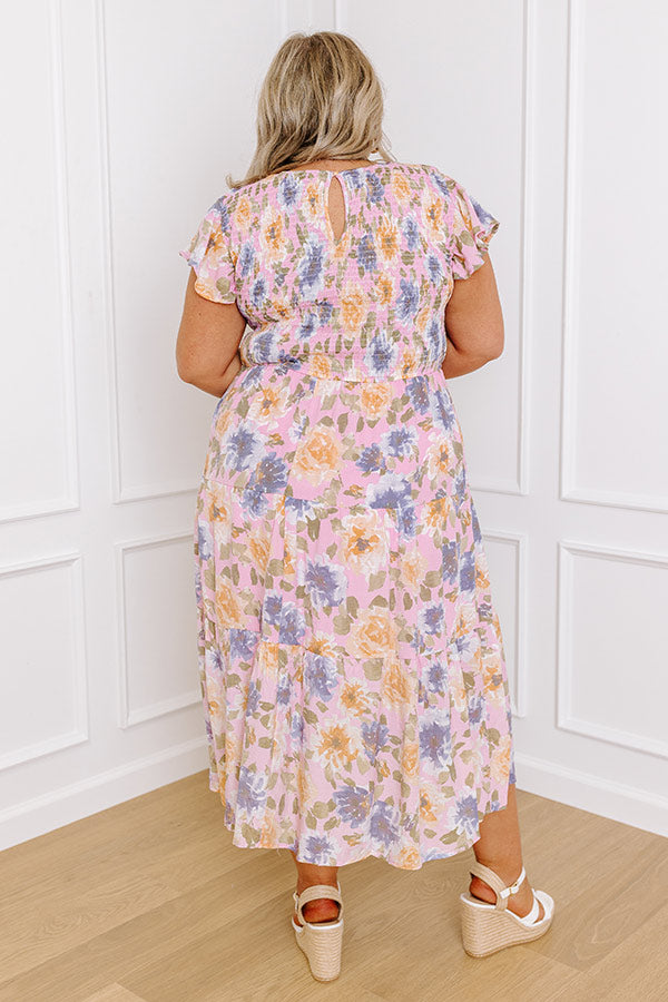 Premium Rooftop Garden Smocked Floral Midi Dress