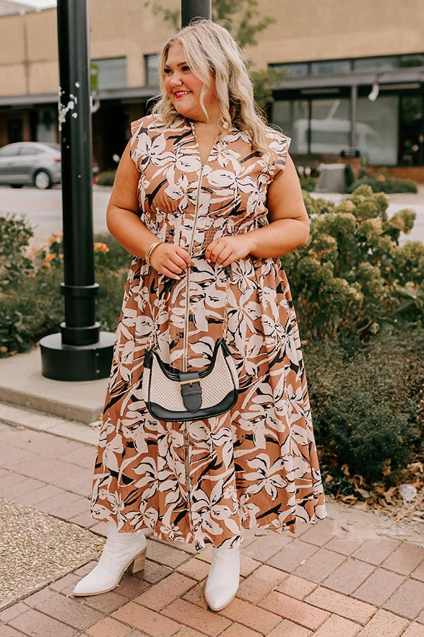 Premium Floral Midi Dress - Effortless Elegance in Camel