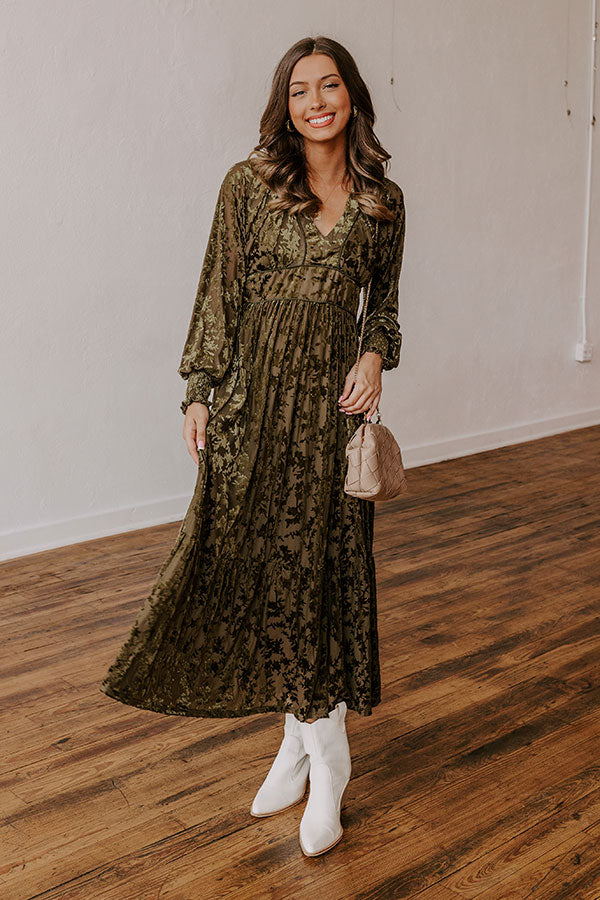 Premium Velvet Burnout Maxi Dress - Olive Botanical Romance