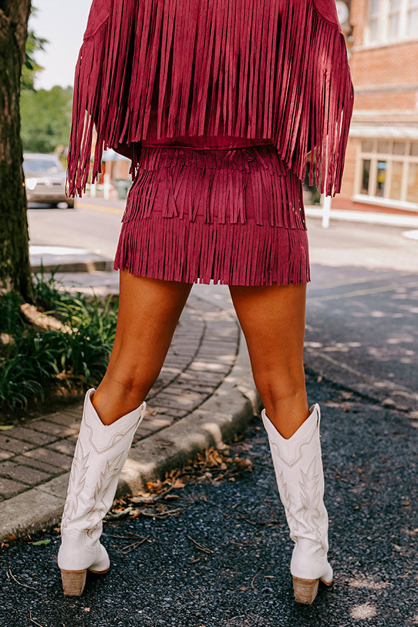 Premium Boho Fringe Skirt - Maroon Faux Suede