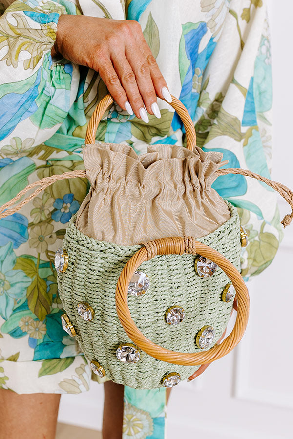 Premium Straw Woven Bucket Bag with Rhinestone Accents