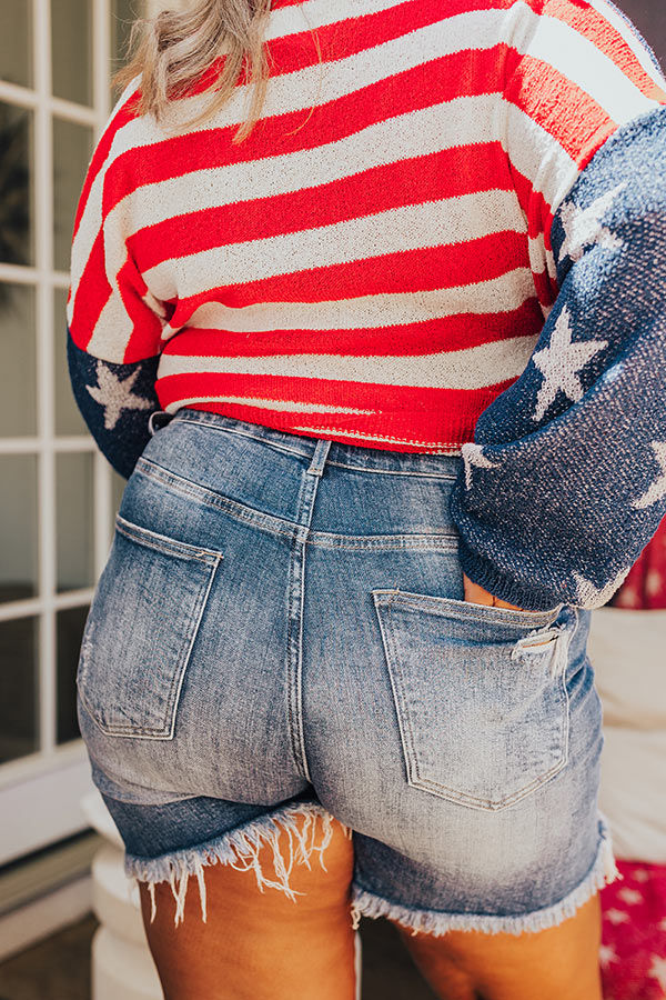 Premium High Waist Distressed Denim Shorts - Medium Wash Curves