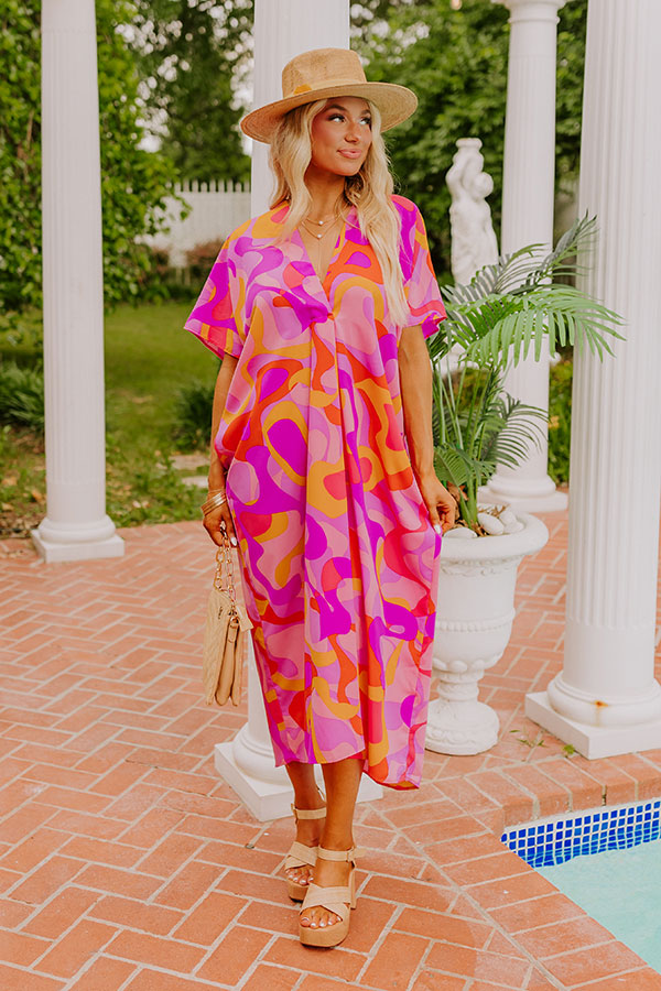 Premium Beachy Days Caftan Midi Dress - Vibrant Pink