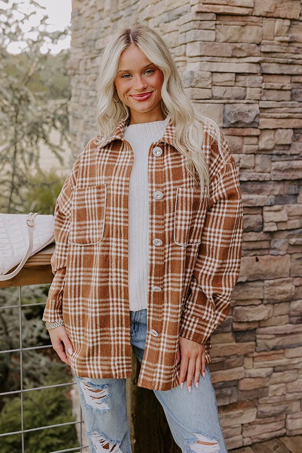 Premium Rhinestone Embellished Plaid Jacket - Chocolate Brown